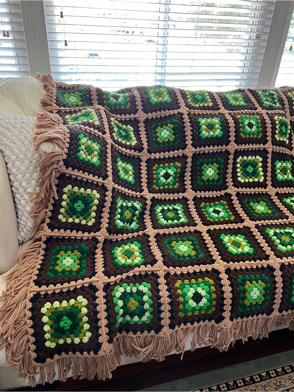 Vintage Crochet Afghan Blanket With Fringe Quilt Granny Size 110